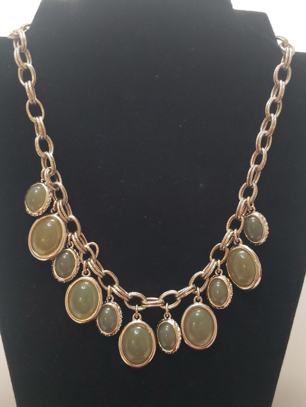 Vintage Ann Taylor Necklace, Olive Green, Silver-Tone Chain.